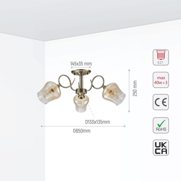 Amber Bell Glass Antique Brass Metal Semi Flush Ceiling Light