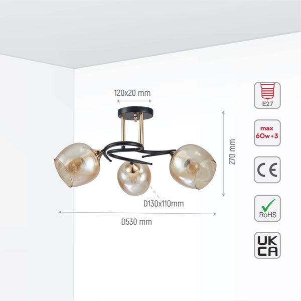 Amber Bell Glass Black Gold Metal Semi Flush Ceiling Light