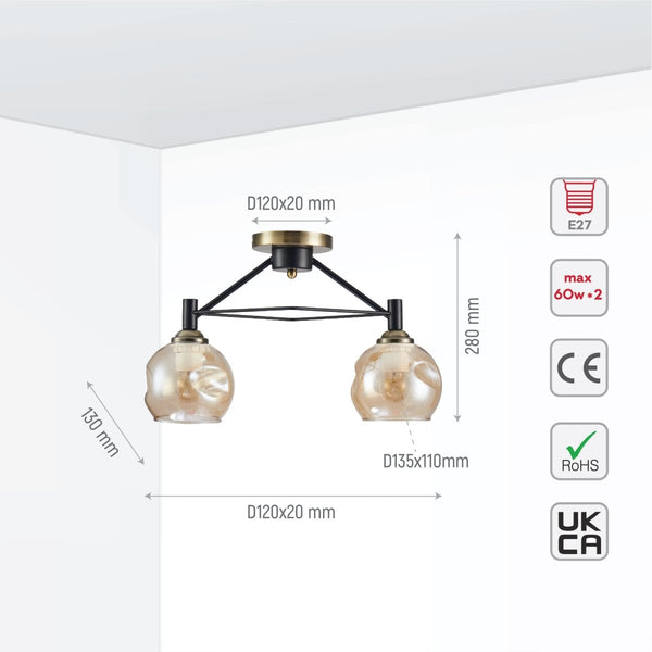 Amber Bell Glass Black Metal Semi Flush Ceiling Light