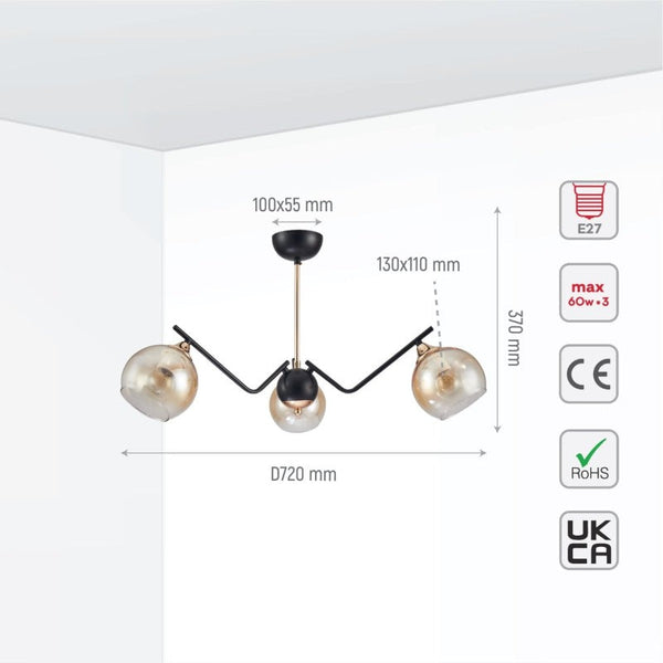 Amber Cone Glass Black Gold Metal Spider Semi Flush Ceiling Light