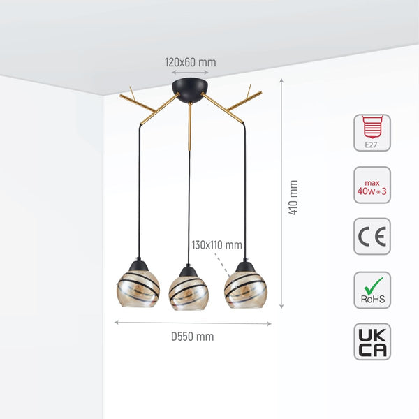 Amber Dome Glass Gold Twig Modern Ceiling Light