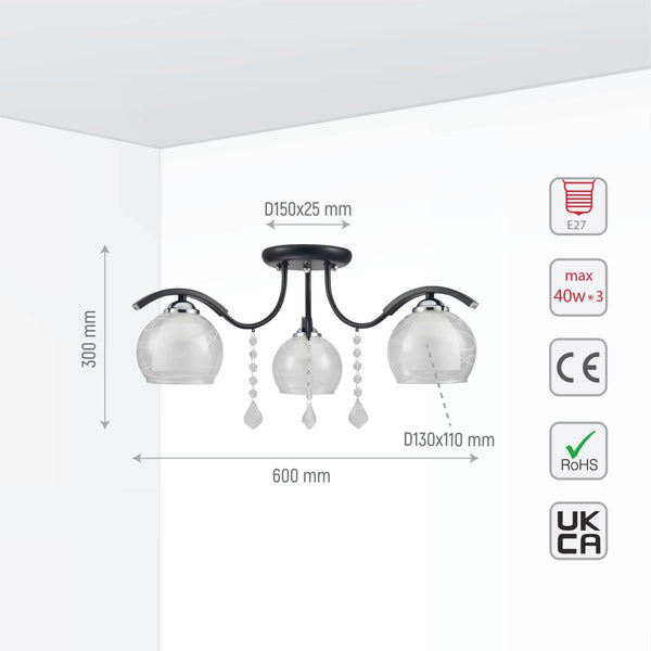 Clear Opal Double Layer Bell Glass Black Metal Semi Flush Ceiling Light