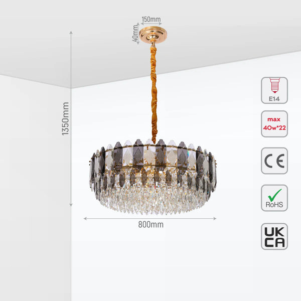 Deluxe Smoky Clear Crystal Modern Chandelier Light Gold