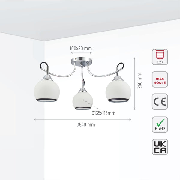 Opal Dome Glass Chrome Metal Semi Flush Ceiling Light