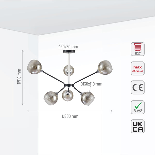 Smoky Cone Glass Black Chrome Metal Molecule Modern Ceiling Light