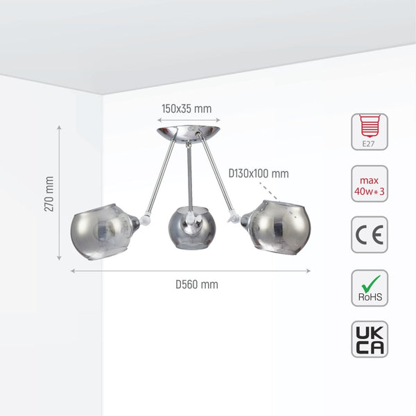 Smoky Cut-out Globe Glass Hinged Chrome Metal Semi Flush Ceiling Light