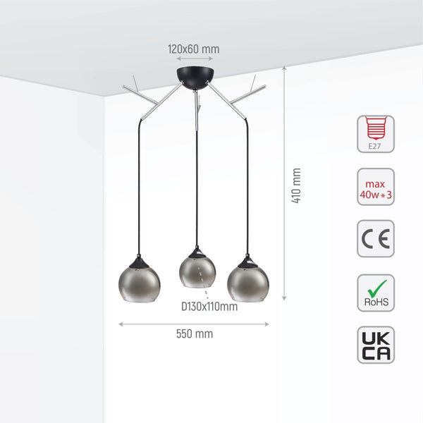 Smoky Dome Glass Chrome Twig Modern Ceiling Light