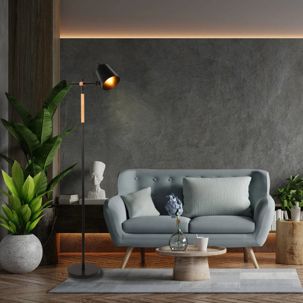 Sleek Nordic Floor Lamp with Oak Wood Detail - E27 Black/White