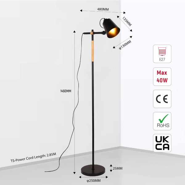 Sleek Nordic Floor Lamp with Oak Wood Detail - E27 Black/White