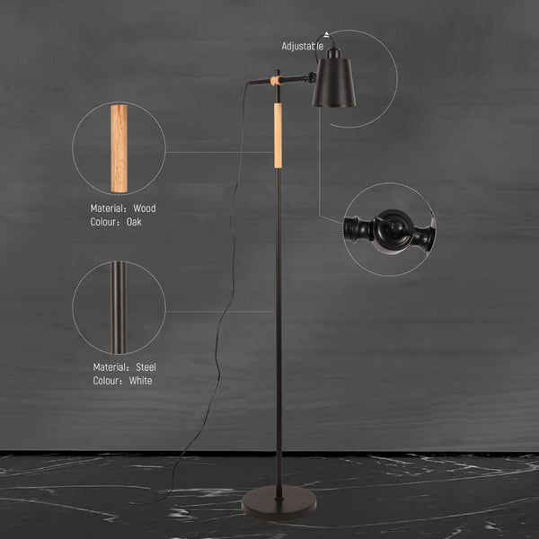 Sleek Nordic Floor Lamp with Oak Wood Detail - E27 Black/White