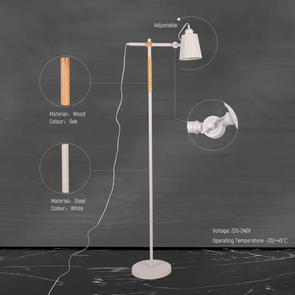 Sleek Nordic Floor Lamp with Oak Wood Detail - E27 Black/White