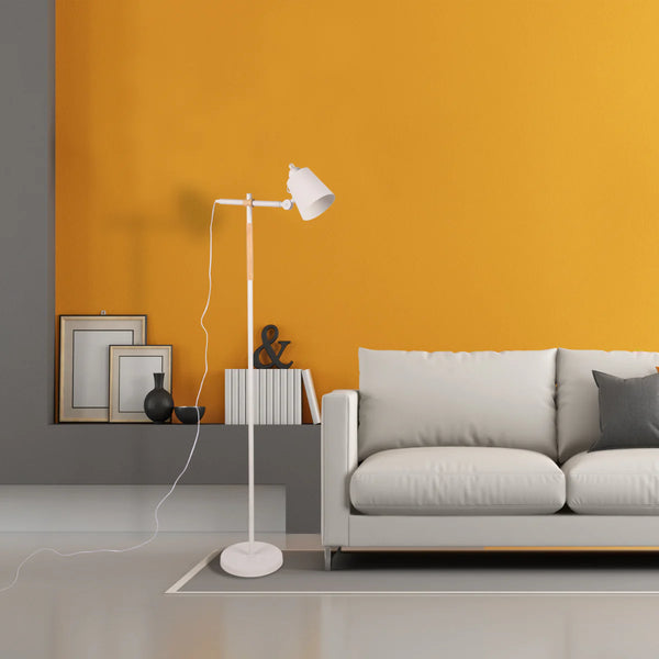 Sleek Nordic Floor Lamp with Oak Wood Detail - E27 Black/White