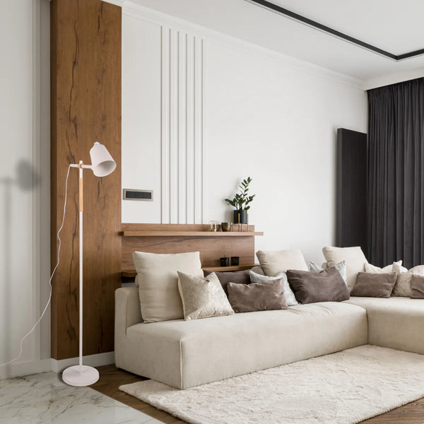 Sleek Nordic Floor Lamp with Oak Wood Detail - E27 Black/White