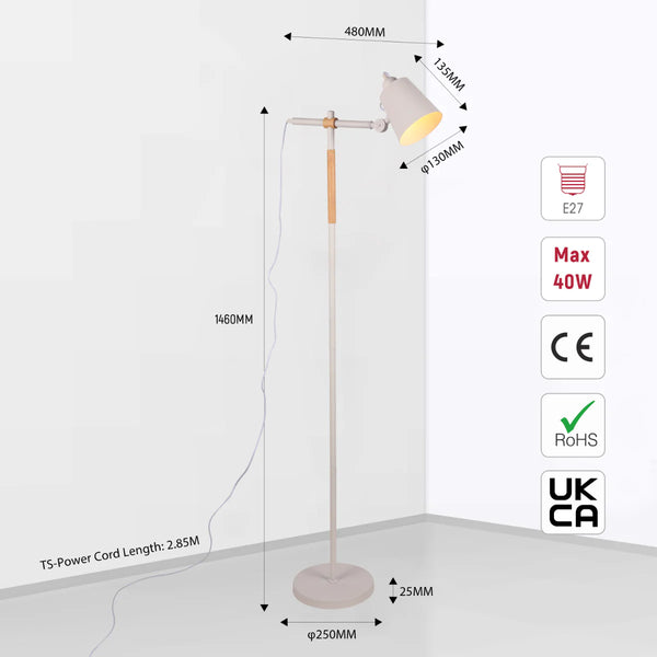 Sleek Nordic Floor Lamp with Oak Wood Detail - E27 Black/White