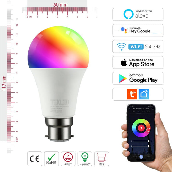 TEKLED
Smart LED GLS Bulb A60 B22 Bayonet Cap 9W RGB White Pack of 2 Alexa Wifi Smart Life App