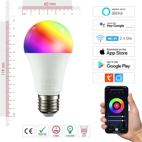 TEKLED
Smart LED GLS Bulb A60 E27 Edison Screw 9W RGB White Pack of 2 Alexa Wi-Fi Smart Life App