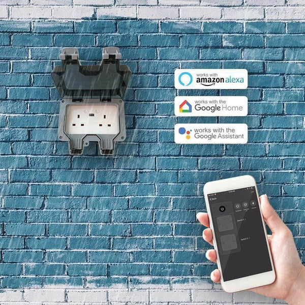 Smart WiFi Waterproof Outdoor Double UK Plug Socket + USB. Perfect to control your Lighting Legends Outdoor Garden lights.