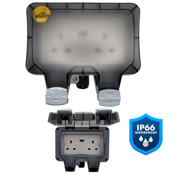 Smart WiFi Waterproof Outdoor Double UK Plug Socket + USB. Perfect to control your Lighting Legends Outdoor Garden lights.