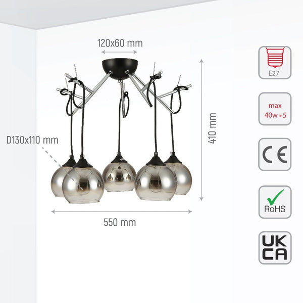 Smoky Dome Glass Chrome Twig Modern Ceiling Light