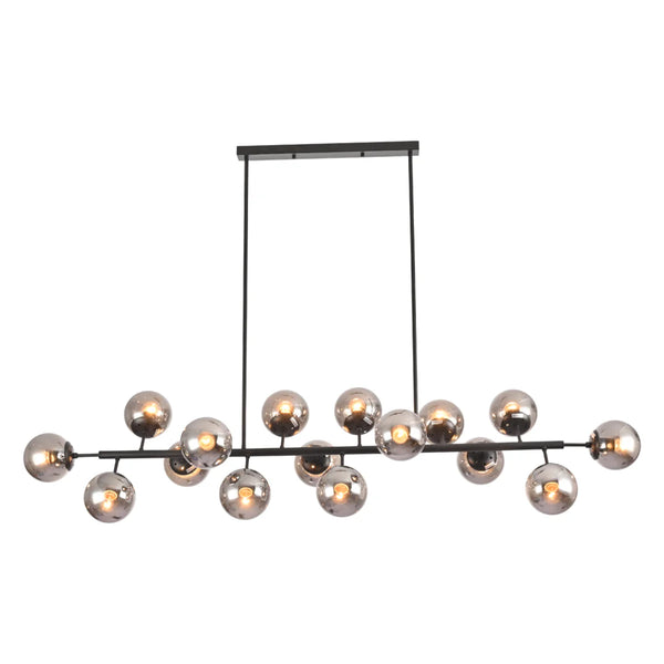 Modern Molecule Style Amber Smoky Opal Glass Globe Gold Black Metal Body Island Chandelier Ceiling Light