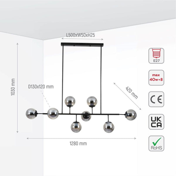 Modern Molecule Style Amber Smoky Opal Glass Globe Gold Black Metal Body Island Chandelier Ceiling Light