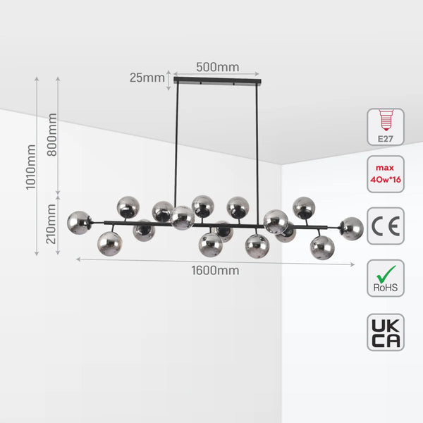 Modern Molecule Style Amber Smoky Opal Glass Globe Gold Black Metal Body Island Chandelier Ceiling Light