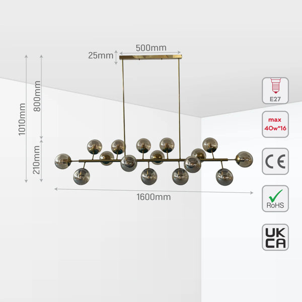 Modern Molecule Style Amber Smoky Opal Glass Globe Gold Black Metal Body Island Chandelier Ceiling Light