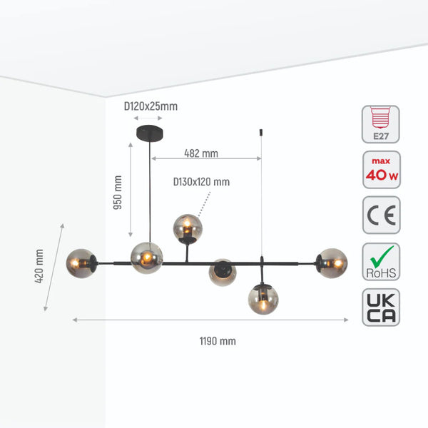 Smoky or Amber Glass Globe Black or Gold Metal Modern Island Chandelier Ceiling Light 6xE27