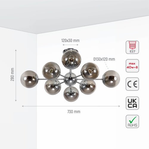 Smoky Globe Glass Chrome Metal Body Sputnik Molecule Modern Ceiling Light E27 Fittings