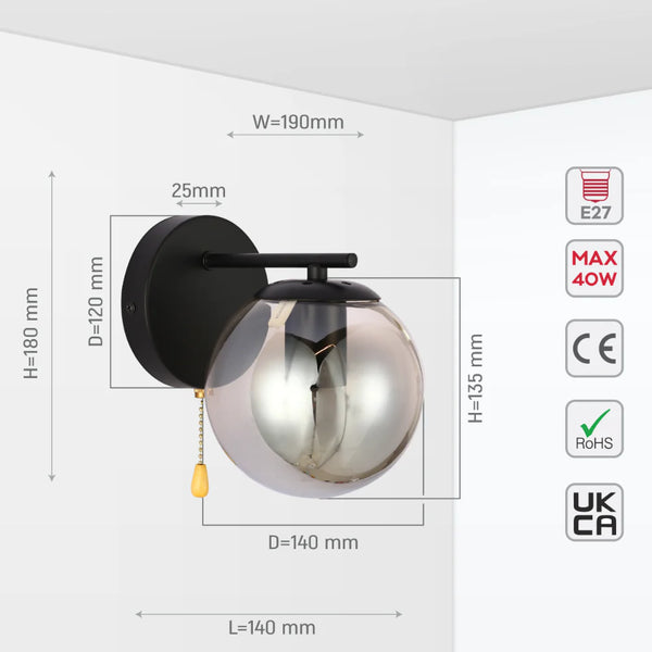 Elegant Globe Wall Light with Pull Down Switch - Smoky Glass