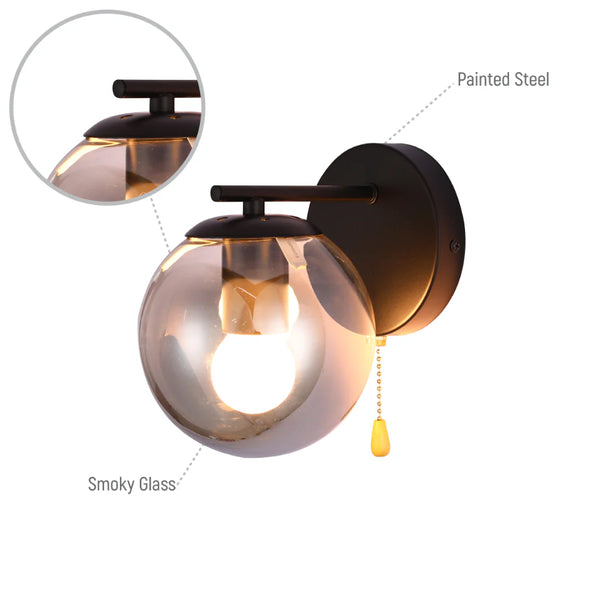 Elegant Globe Wall Light with Pull Down Switch - Smoky Glass