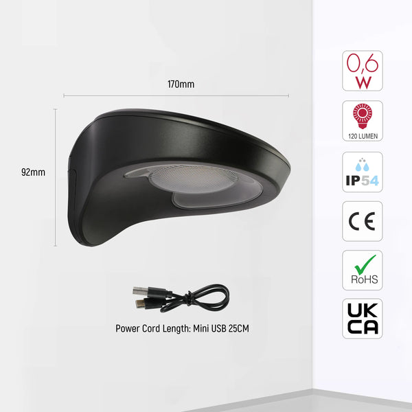 Solar-Powered Curved Designer LED Wall Light, Motion Sensor, 3000K Warm White, Rechargeable for Outdoor Use