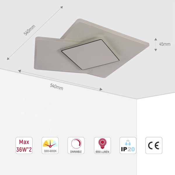 Staggered Trio Square LED Ceiling Light, CCT Tunable with Remote, 72W, Flush Mount