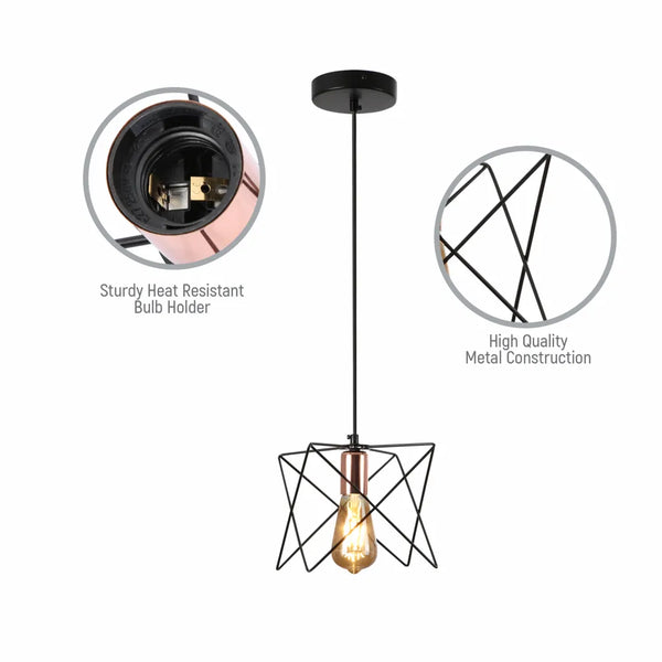 Star Cage Pendant Light with Rose Gold Accent and Black Metal Frame
