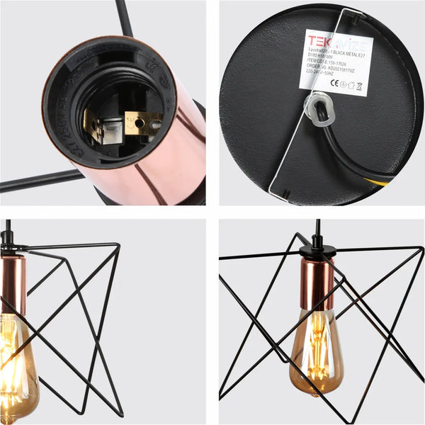 Star Cage Pendant Light with Rose Gold Accent and Black Metal Frame