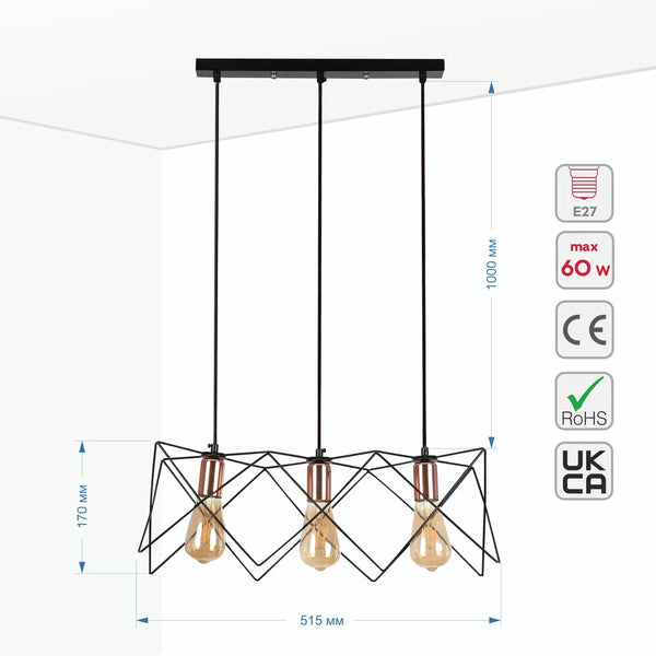 Star Cage Pendant Light with Rose Gold Accent and Black Metal Frame