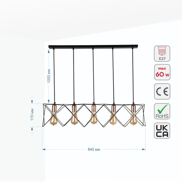 Star Cage Pendant Light with Rose Gold Accent and Black Metal Frame