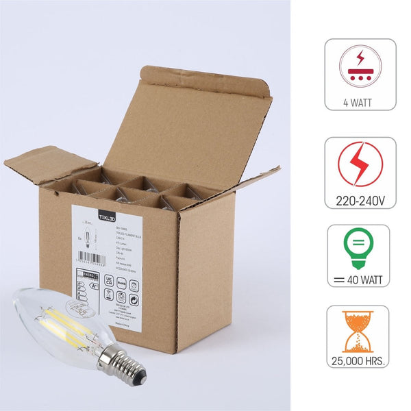 TEKLED
LED Filament C35 Candle Bulb E14 Small Edison Screw 4W - Flame Tip / 2700K Warm White / Pack of 6 or 10.