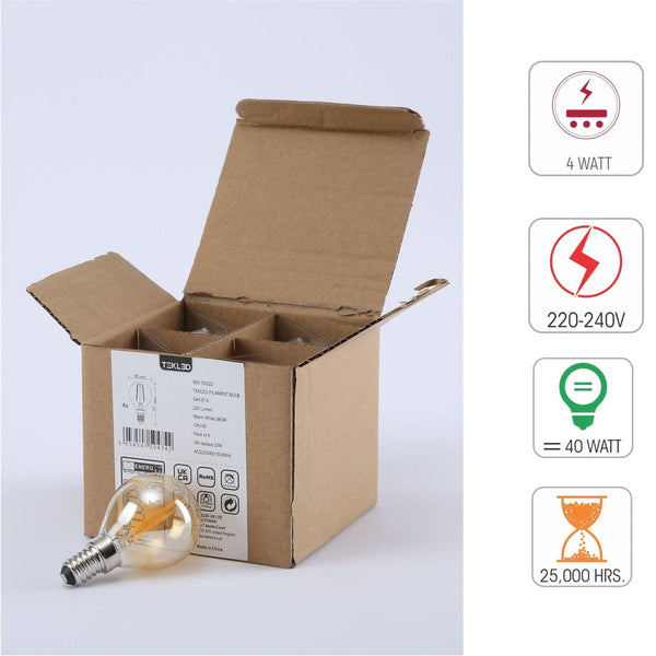 TEKLED
LED Filament P45 Golf Ball Bulb E14 Small Edison Screw Warm White 2400K - 2 W or 4w Pack of 4 or 6