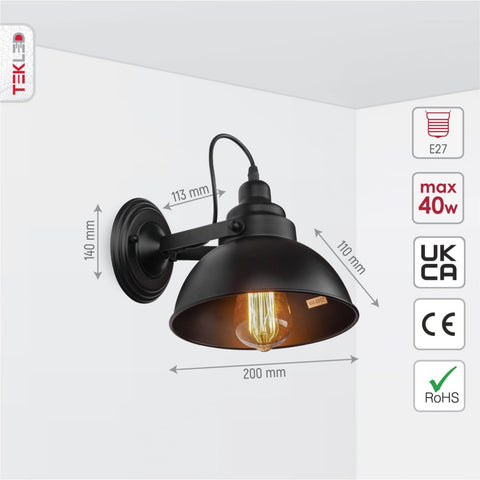 Black Metal Hinged Dome Wall Light E27 Fitting