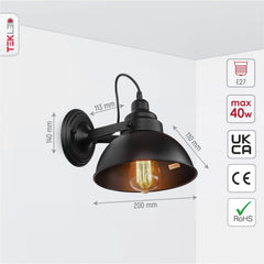 Black Metal Hinged Dome Wall Light E27 Fitting