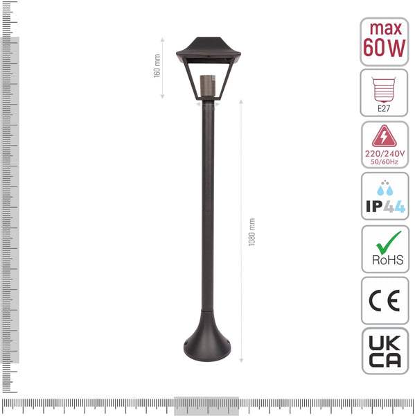 Cottage Style Bollard Lawn Lamp 1M Pole Matt Black Clear Glass E27 124cm