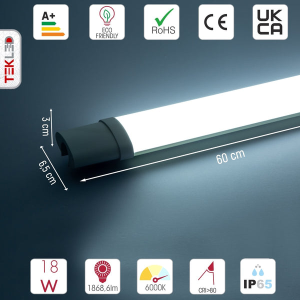 18W 2ft LED Tri-proof Slim Batten Linear Fitting 6500K Cool Daylight IP65 60cm