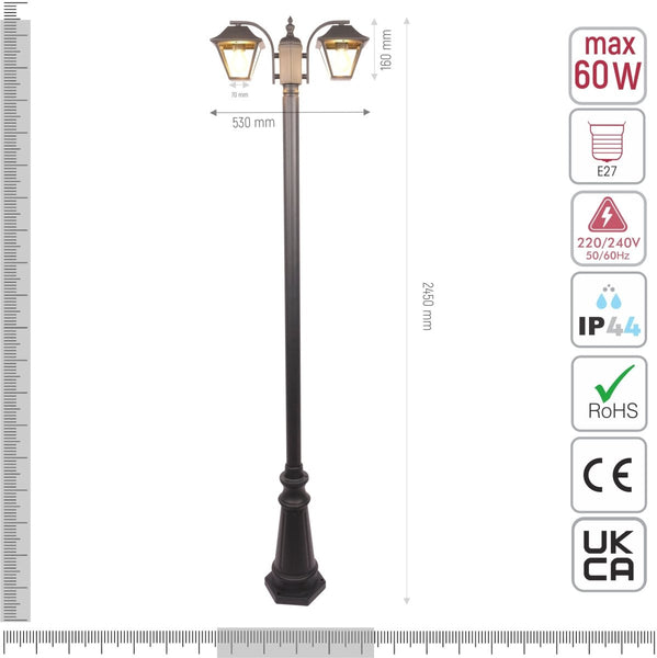 Cottage Style Post Top Lamp Matt Black Clear Glass 2XE27 2.3M