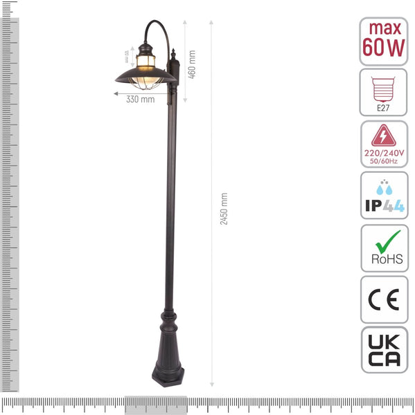 Cottage Style Sunflower Post Top Lamp Matt Black Clear Glass E27 2.45M