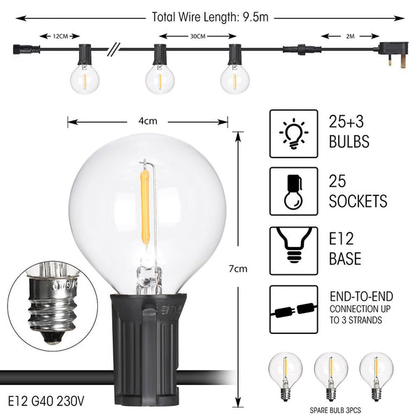 Castor LED Bulb String Globe Golf Ball G40 E12 Weatherproof Festoon Light