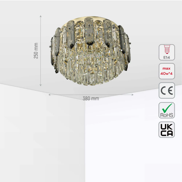 Tiered Flush Chandelier Ceiling Light with Smoky and Clear Crystals