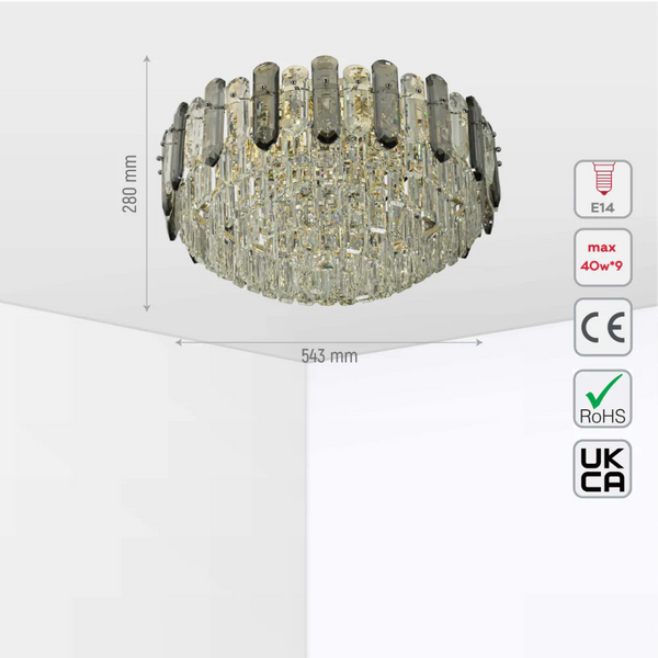 Tiered Flush Chandelier Ceiling Light with Smoky and Clear Crystals