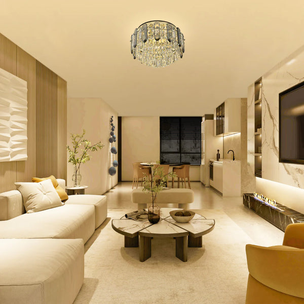 Tiered Flush Chandelier Ceiling Light with Smoky and Clear Crystals
