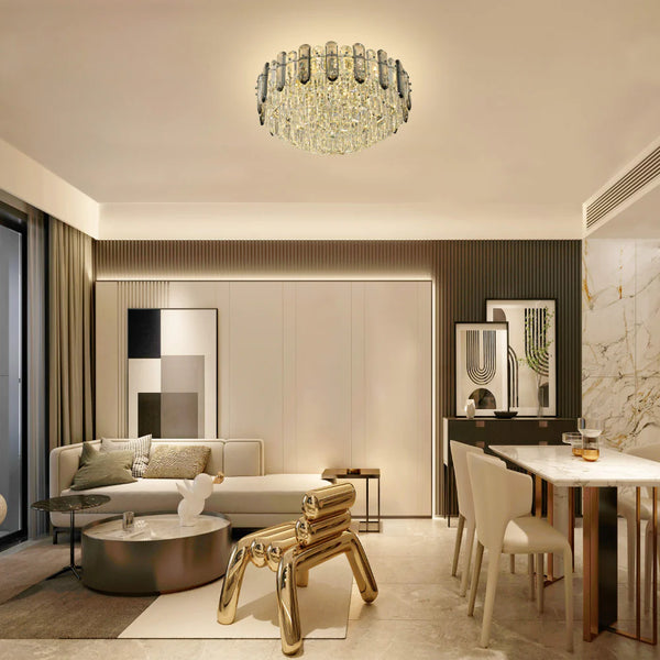 Tiered Flush Chandelier Ceiling Light with Smoky and Clear Crystals